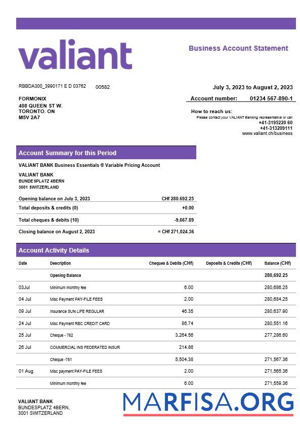 Realistic Valiant Bank enterprise account statement Word and PDF template